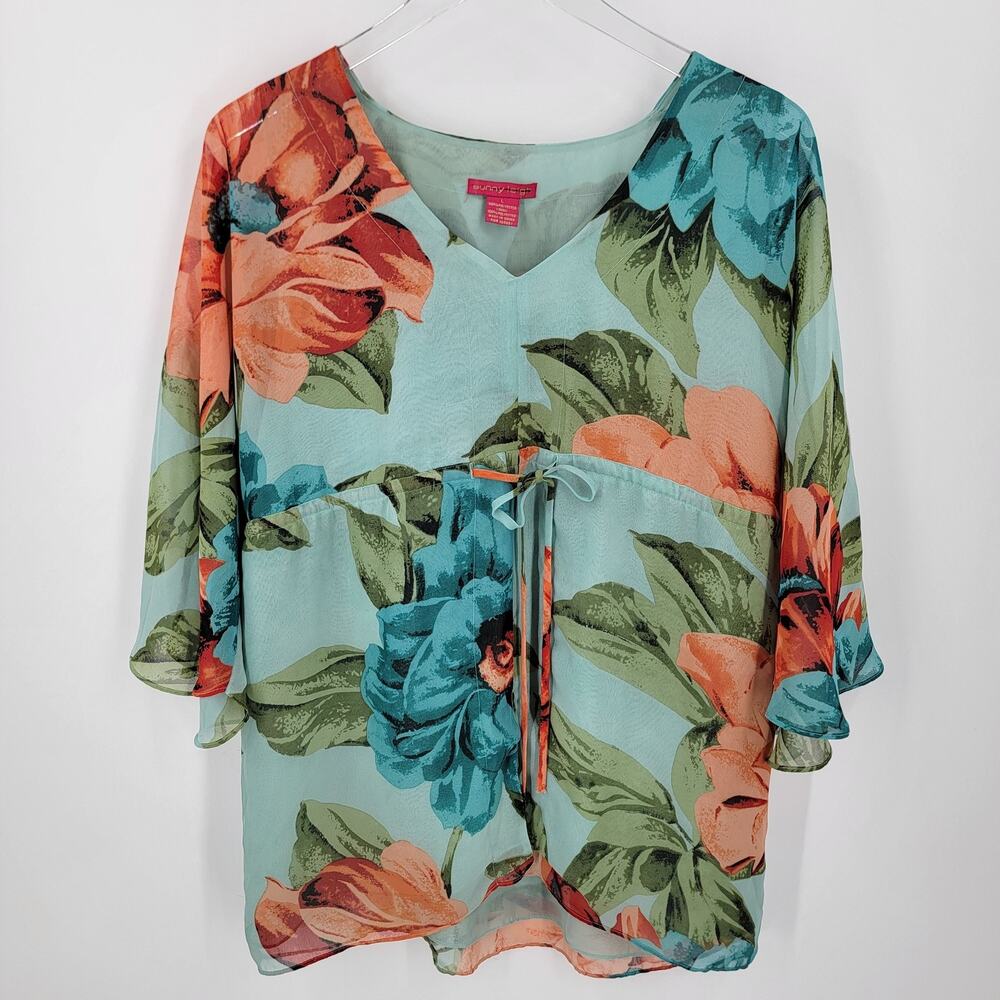 Sunny Leigh Blouse Womens Large Blue Orange Floral Sheer 3/4 Sleeve V Neck Tunic